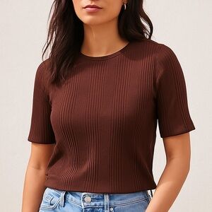 LOFT Brown Ribbed Knit Cotton Blend Women’s Medium Short Sleeve Top